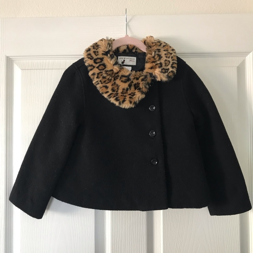 Janie and Jack Wool Coat w/ Leopard Faux Fur Collar - Black - Size 6